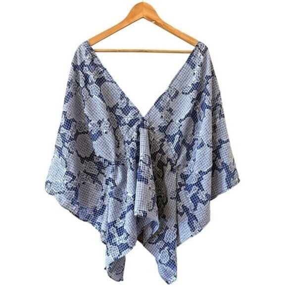 ANTHROPOLOGIE Tie Front Blue Floral Gingham Caftan One Size NEW - Picture 3 of 8